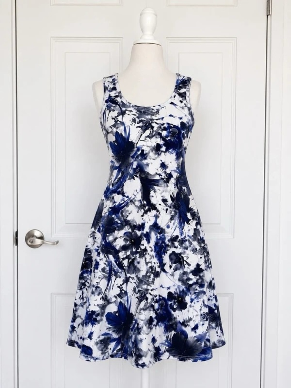 Blue and White Floral Maxi Dress - Sleeveless Scoop Neck